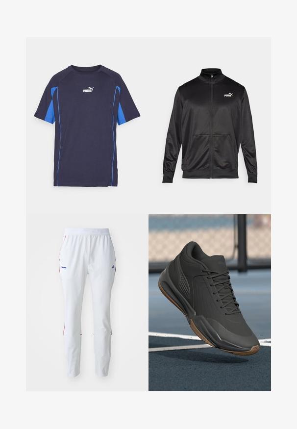 Mustat vetoketjulliset takit, jotka on valmistettu sileästä, kiiltävästä kankaasta. Ominaisuuksiin kuuluvat korkea kaulus, kaksi etutaskua ja valkoinen Puma-logo vasemmassa rinnassa.; T-paita lyhyillä hihoilla tummansinisellä pohjalla, sinisillä sivuakkenteilla. Valmistettu pehmeästä kankaasta, jossa on pyöreä kaula-aukko ja valkoinen Puma-logo rinnassa.; Valkoiset urheiluhousut, joissa on joustava vyötärönauha, punaisia ja sinisiä yksityiskohtia sivusaumoissa sekä logo vasemmassa lantiossa.; Musta urheilujalkine, jossa on sileä synteettinen päällinen, tekstuuriset yksityiskohdat ja kuminen pohja, suunniteltu suorituskykyä ja mukavuutta varten.