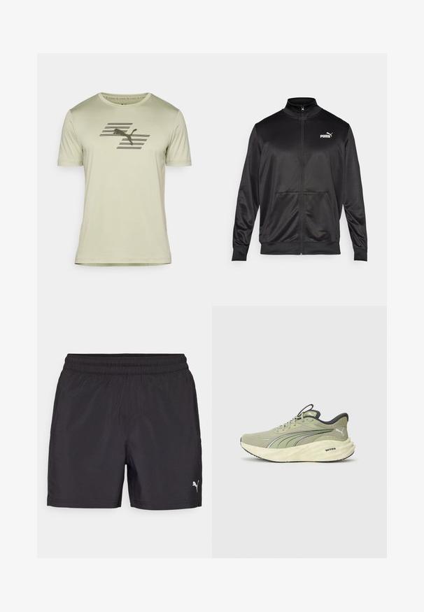 Zwarte jas met rits, gemaakt van een gladde, glanzende stof. Heeft een hoge kraag, twee voorzakken en een wit Puma-logo op de linkerborst.; Lichtgroene wollen shirt met korte mouwen, gemaakt van een gladde stof, met een donker logo en een horizontaal streepdesign op de borst.; Zwarte sportshorts met een elastische tailleband, gemaakt van lichtgewicht materiaal, met een klein wit logo aan de onderzijde.; Lichtgroene hardloopschoenen met een gestructureerde mesh bovenkant, reflecterende accenten, dikke gevoerde zool en zwarte details op de hiel en de buitenzool.