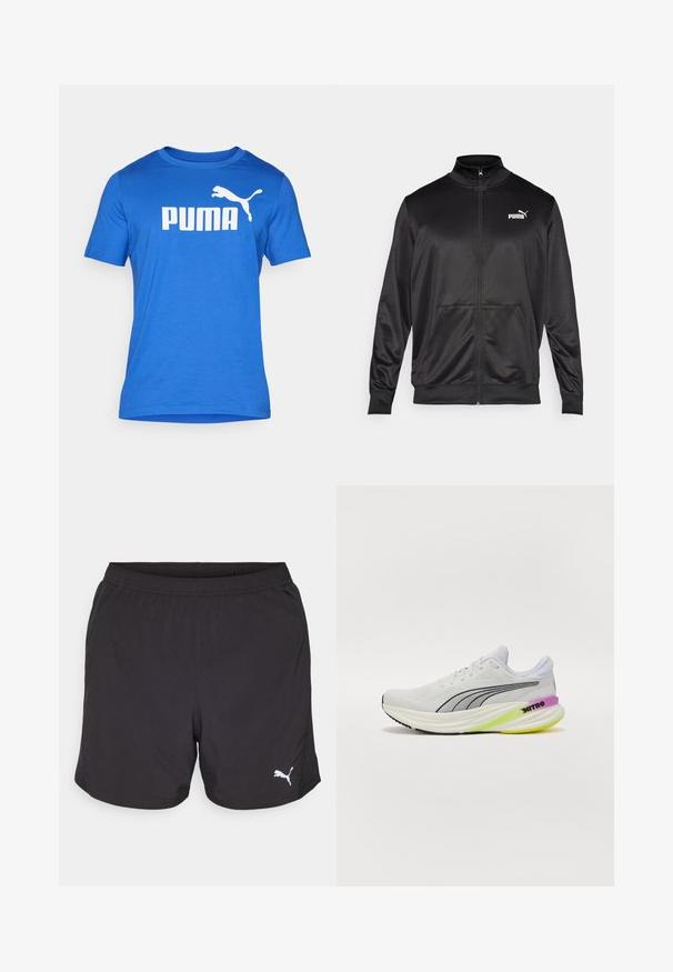 Chaqueta negra con cremallera hecha de un tejido liso y brillante. Presenta un cuello alto, dos bolsillos frontales y un logo blanco de Puma en el lado izquierdo del pecho.; Camiseta corta de manga azul hecha de un tejido suave con cuello redondo. Presenta un gran logo blanco de "PUMA" y un gráfico de un puma saltando.; Pantalones cortos deportivos negros hechos de tela ligera, con una cinturilla elástica y un pequeño logo blanco de Puma en el lado izquierdo.; Zapatilla deportiva blanca con parte superior de malla transpirable, detalles en negro y una suela multicolor con detalles en morado y verde.