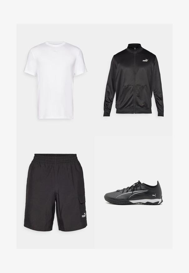 Melnā ar rāvējslēdzēju aizdaram veste, izgatavota no gludas, spīdīgas auduma. Tam ir augsta apkakle, divas priekšējās kabatas un balts Puma logotips kreisajā krūtī.; Balts īsām piedurknēm T-krekls, kas izgatavots no gludas, vieglas auduma. Tam ir apaļš kakls un diskrēts logo uz krūšu daļas.; Melni kargo šorti ar elastīgu jostu, sānu kabatām un baltu Puma logo uz kreisā kājas. Izgatavoti no viegla auduma.; Melnas sporta kurpes ar teksturētu virsu, baltām akcentēm, ar auklām, un kontrastējošu baltu starpsoļu. Iezīmēta ar rakstainu gumijas zoli.