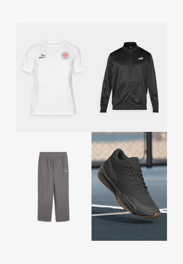 Black zip-up jacket made of smooth, shiny fabric. Features a high collar, two front pockets, and a white Puma logo on the left chest.; White short-sleeve t-shirt made of smooth fabric, featuring a red and black circular logo on the chest and brown PUMA and KING branding.; Gray athletic pants with an elastic waistband, made of lightweight fabric. Features a small white logo on the left leg.; Black athletic shoe with a smooth synthetic upper, textured accents, and a gum rubber sole, designed for performance and comfort.