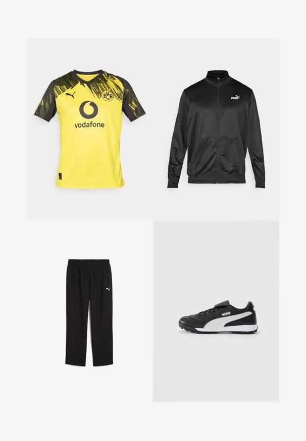 Veste noire zippée en tissu lisse et brillant. Elle possède un col haut, deux poches avant et un logo Puma blanc sur la poitrine gauche.; Maillot de football jaune avec des accents noirs. Présente un col en V, un design stylisé au niveau des épaules, le logo de Vodafone et le badge de Borussia Dortmund.; Pantalons de sport noirs avec une taille élastique, fabriqués dans un matériau léger. Présente un petit logo Puma blanc sur le côté gauche.; Chaussure de soccer basse noire avec rayure blanche sur le côté, semelle texturée, devant à lacets, et rabat Velcro sur les lacets sur fond uni.