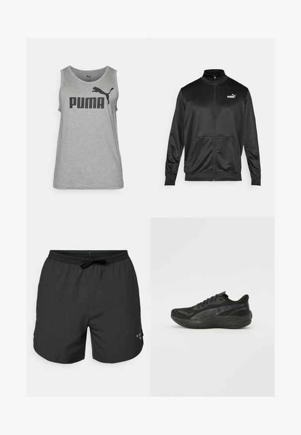 Svart zip-up jakke laget av glatt, skinnende stoff. Har høy krage, to frontlommer og en hvit Puma-logo på venstre bryst.; Grå ermeløs tanktop laget av lett materiale, med en stor svart "PUMA"-logo og en hoppende pumaskygge på forsiden.; Sorte svømmebukser med elastisk talje og snor. Letvægtsstof med sidelommer. Har et lille logo på kanten.; Svart idrettssko med en teksturert mesh-overdel, flate lisser og en polstret såle med subtile reflekterende detaljer.