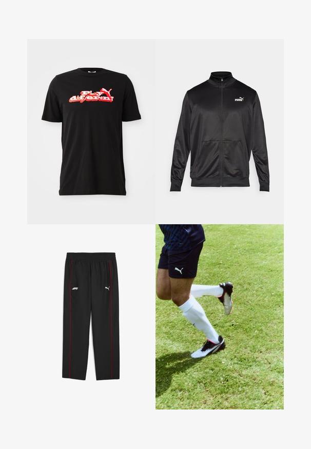 Must läikivast ja siledast kangast must kapuutsiga jakk. Omab kõrget kaelust, kahte esi-taskut ja valget Puma logo vasakul rinnal.; Must värvi puuvillane T-särk, millel on erksav punane ja valge graafiline disain, millel on tekst "Mängi teisiti!" ja logoelement. Lühikesed varrukad ja ümar kaelus.; Mustad mustrugaud, millel on punased külgsuud, elastne piht ja logod vasakul reiel ja paremal puusal. Valmistatud kergest kangast.; Mustvalge jalgpalliketsid roosa aktsendiga, koos valgete säärepuudega ja tumesiniste sportlike lühikeste pükstega. Rohelise muru taust, tegevuspoos.