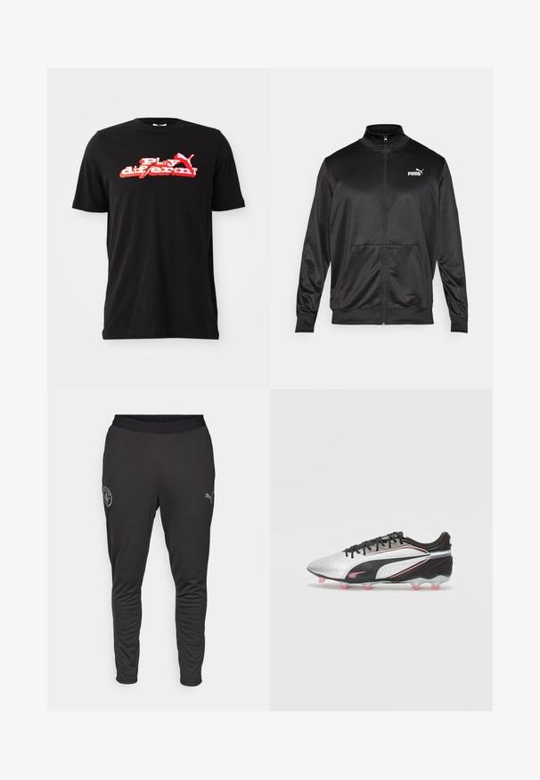 Sort zip-jakke lavet af glat, skinnende stof. Har en høj krave, to forlommer og et hvidt Puma-logo på venstre bryst.; Sort bomulds T-shirt med et kraftigt rødt og hvidt grafisk design med teksten "Play different!" og et logoelement. Korte ærmer og rund hals.; Sorte træningsbukser lavet af åndbart stof. De har en tætsiddende pasform, elastisk talje og et lille logo på siden.; Sølv- og sorte fodboldstøvler med en struktureret overflade, der har pink detaljer, en lav silhuet og flere pink stødte outsole.