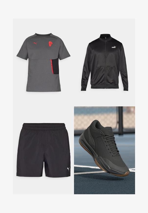 Veste noire zippée en tissu lisse et brillant. Elle possède un col haut, deux poches avant et un logo Puma blanc sur la poitrine gauche.; T-shirt gris à manches courtes avec un panneau noir et une poche zippée rouge. Présente des accents de logo rouges, un col arrondi et une texture lisse.; Shorts de sport noirs avec une taille élastique, fabriqués en matériau léger, comportant un petit logo blanc sur le côté inférieur.; Chaussure de sport noire avec une tige en synthétique lisse, des accents texturés, et une semelle en caoutchouc naturel, conçue pour la performance et le confort.