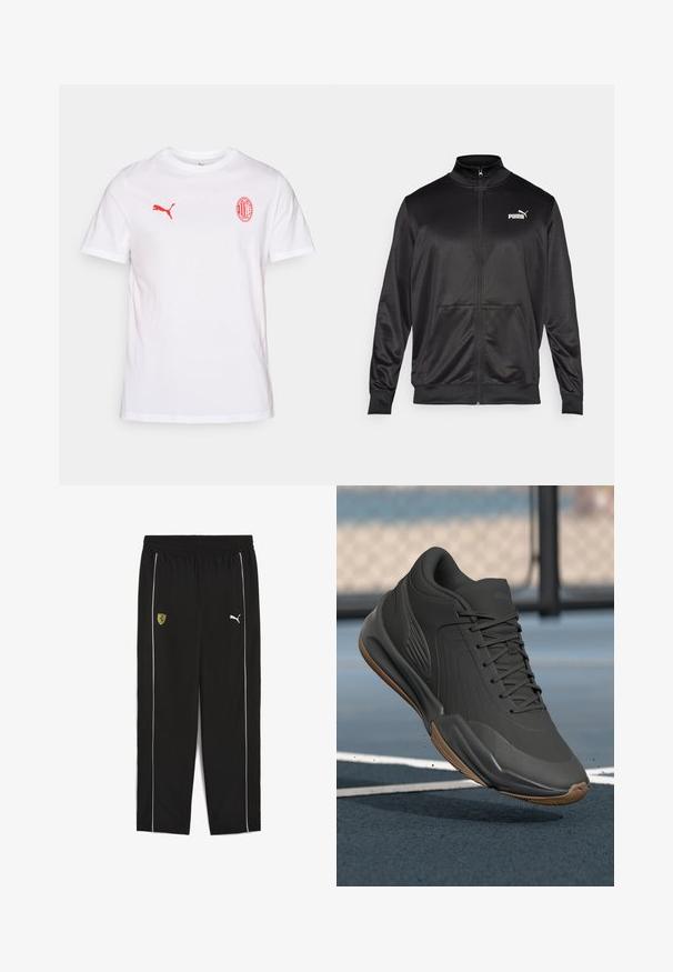Zwarte jas met rits, gemaakt van een gladde, glanzende stof. Heeft een hoge kraag, twee voorzakken en een wit Puma-logo op de linkerborst.; Witte katoenen t-shirt met een rood Puma-logo op de linkerborst en een rood AC Milan-embleem, met korte mouwen en een ronde hals.; Zwarte sportbroeken met een elastische tailleband, met een geel Ferrari-logo en witte zijkanten. Gemaakt van lichtgewicht stof.; Zwarte sportieve schoen met een glad synthetisch bovenwerk, gestructureerde accenten en een gumrubberen zool, ontworpen voor prestaties en comfort.
