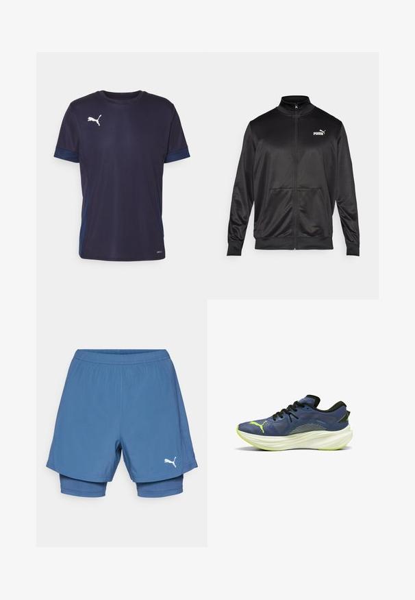 Juodas zip-up švarkas, pagamintas iš lygaus, blizgaus audinio. Turintis aukštą apykaklę, dvi priekinės kišenes ir baltą Puma logotipą kairiajame krūtinės kampe.; Tamsiai mėlyna Puma sportinė marškinėliai su šviesiai mėlynais akcentais. Sukurti su trumpomis rankovėmis, apvaliu iškirpimu ir balta logotipu ant krūtinės.; Puma mėlynos sportinės šortai su sluoksniuotu dizainu, turintys elastingą juosmenį, sklandžią tekstūrą ir baltą logotipą apatinėje kojų dalyje.; Mėlynas sportinis batelis su tekstūruotu tinkleliu, juodomis raištelėmis ir balta, išlenkta vidurinė padanga. Yra žalias akcentas ir logotipas šone.
