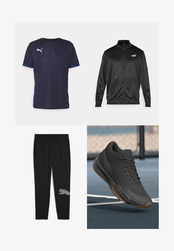 Černá bunda na zip vyrobená z hladké, lesklé látky. Má vysoký límec, dvě přední kapsy a bílé logo Puma na levé straně hrudi.; Pánské sportovní tričko Puma v tmavě námořnické barvě s světle námořnickými akcenty. Má krátké rukávy, kulatý výstřih a bílé logo na hrudi.; Černé sportovní kalhoty vyrobené z lehkého materiálu. Obsahují elastický pás, boční kapsy a reflexní design pumy na dolní části nohavice.; Černá sportovní obuv s hladkým syntetickým svrškem, texturovanými akcenty a gumovou podrážkou, navržená pro výkon a pohodlí.