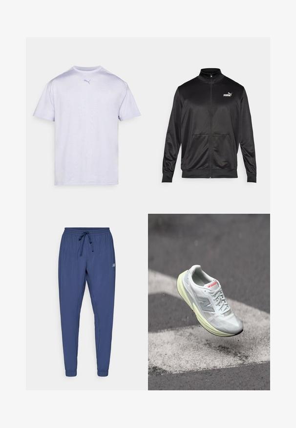 Sort zip-jakke lavet af glat, skinnende stof. Har en høj krave, to forlommer og et hvidt Puma-logo på venstre bryst.; Hvid kortærmet T-shirt lavet af blødt stof med rund hals, prydet med et lyseblåt Puma-logo på brystet.; Marineblå sportsbukser med elastisk talje, snøre og tapered manchetter. Har sidelommer og et lille logo på det ene ben.; Letvægts løbesko med en hvid mesh-overdel, gul mellemsål og grå accenter. Har et fremtrædende ‘N’ logo og tekstureret overflade.
