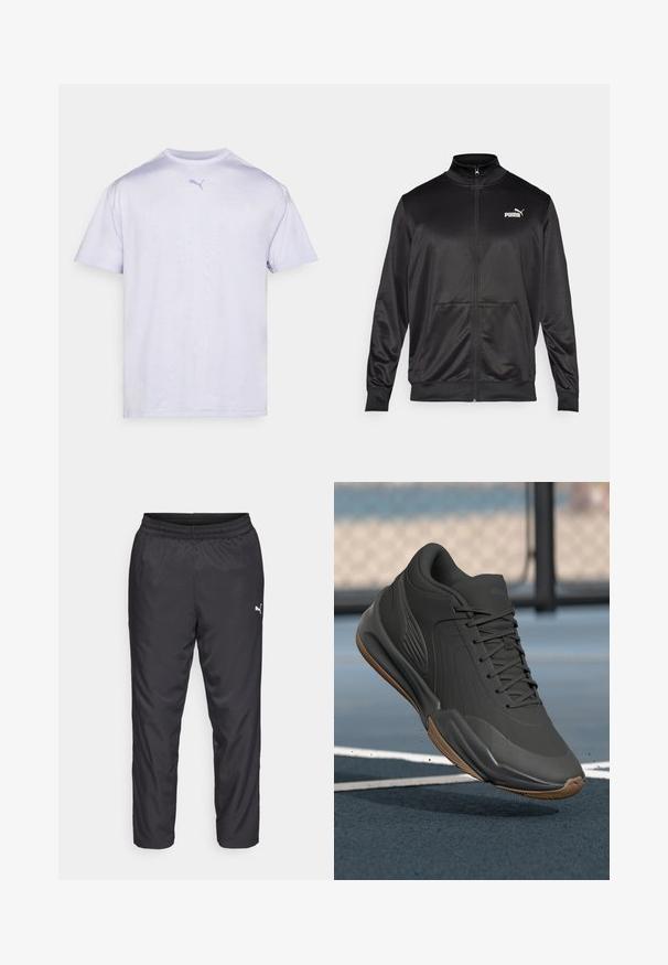 Crna jakna na zip od glatkog, sjajnog materijala. Ima visoki ovratnik, dva prednja džepa i bijeli Puma logo na lijevoj strani grudnog koša.; Bijela majica kratkih rukava od mekog materijala sa okruglim izrezom, na prsima s lagano plavim Puma logotipom.; Crne atletske hlače izrađene od glatkog, laganog materijala. Imaju elastičnu struk i mali bijeli logo s lijeve strane.; Crna atletska cipela s glatkim sintetičkim gornjim dijelom, teksturiranim naglascima i gumiranim potplatom, dizajnirana za performanse i udobnost.