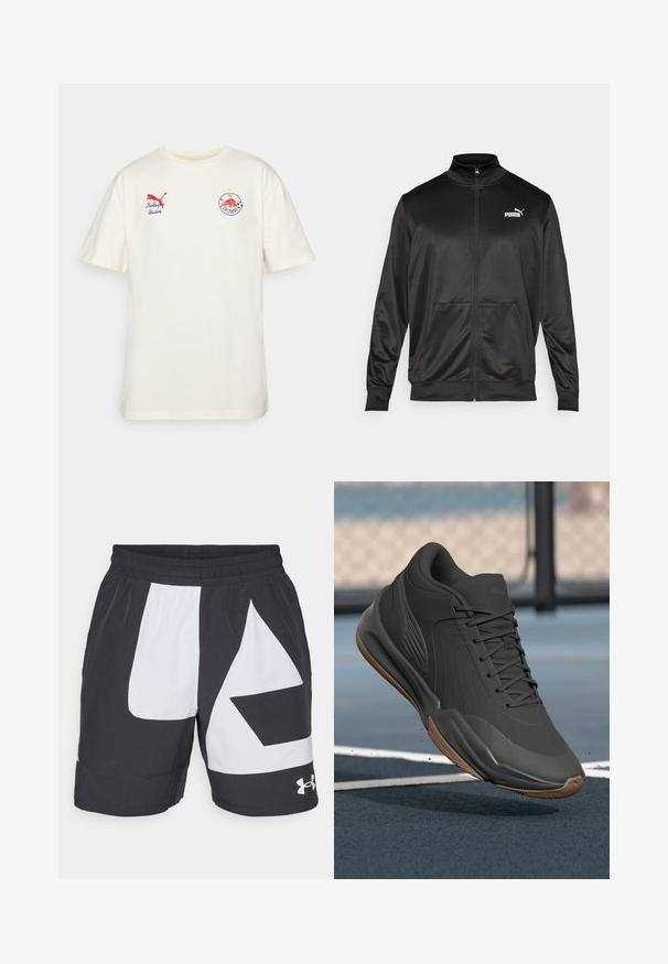 Sort zip-jakke lavet af glat, skinnende stof. Har en høj krave, to forlommer og et hvidt Puma-logo på venstre bryst.; Cremefarvet bomulds t-shirt med korte ærmer. Har rødt Puma-logo og broderet FC Salzburg-crest på fronten. Rund halsudskæring.; Under Armour ZONE SHORT - Korte sportsbukser - black/white; Sort sportssko med en glat syntetisk overdel, teksturerede accenter og en gummigummisål, designet til ydeevne og komfort.