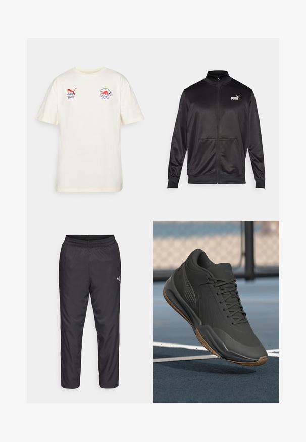 Crna jakna na zip od glatkog, sjajnog materijala. Ima visoki ovratnik, dva prednja džepa i bijeli Puma logo na lijevoj strani grudnog koša.; Krem majica od pamuka s kratkim rukavima. Sadrži crveni Puma logotip i izvezeni grb FC Salzburga na prednjoj strani. Okrugli izrez.; Crne atletske hlače izrađene od glatkog, laganog materijala. Imaju elastičnu struk i mali bijeli logo s lijeve strane.; Crna atletska cipela s glatkim sintetičkim gornjim dijelom, teksturiranim naglascima i gumiranim potplatom, dizajnirana za performanse i udobnost.