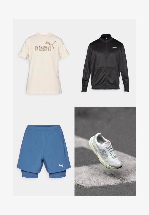 Fekete, sima, fényes anyagból készült, cipzáros dzseki. Magas gallérral, két elülső zsebbel és fehér Puma logóval rendelkezik a bal mellrészen.; Krém színű pamut póló rövid ujjakkal és kerek nyakkivágással. Jellemzője a tompa színekben nyomtatott, katonai mintás "PUMA" logó és a szökkenő pumát ábrázoló embléma.; Puma kék sportnadrág réteges dizájnnal, rugalmas derékkal, sima tapintással és fehér logóval az alsó lábszáron.; Könnyű futócipő fehér hálós felsőrésszel, sárga középtalppal és szürke akcentusokkal. Jellemzője a feltűnő "N" logó és a texturált felület.
