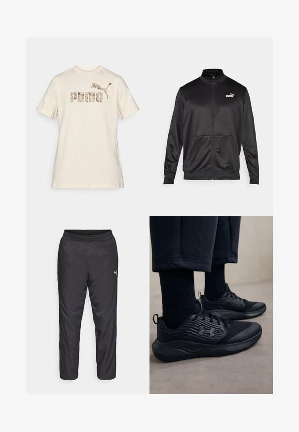 Casaco preto com fecho éclair, feito de um tecido liso e brilhante. Apresenta um colarinho alto, dois bolsos frontais e um logótipo branco da Puma no lado esquerdo do peito.; T-shirt de algodão creme com mangas curtas e decote redondo. Apresenta um padrão de camuflagem com o logótipo "PUMA" e um emblema de puma a saltar impresso em tons suaves.; Calças de treino negras feitas de material liso e leve. Apresenta um cós elástico e um pequeno logótipo branco no lado esquerdo.; Pessoa a usar ténis de desporto pretos com lados texturizados e logótipo, combinados com meias pretas e calças curtas num chão claro.