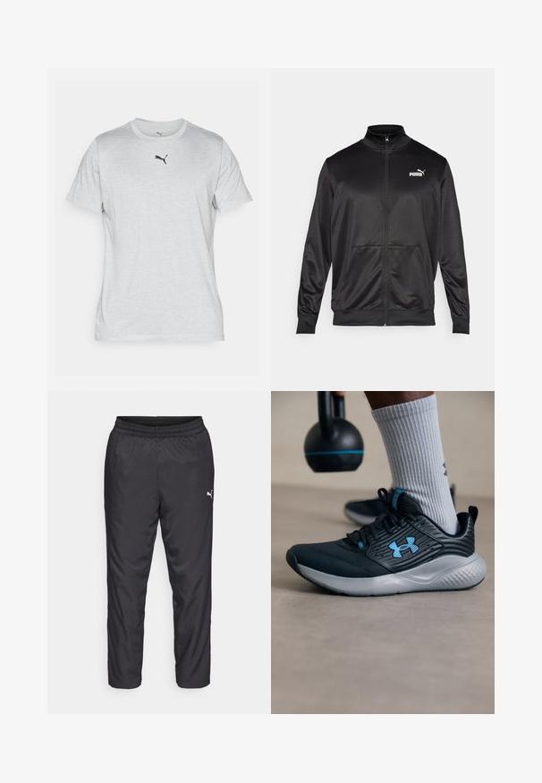 Mustat vetoketjulliset takit, jotka on valmistettu sileästä, kiiltävästä kankaasta. Ominaisuuksiin kuuluvat korkea kaulus, kaksi etutaskua ja valkoinen Puma-logo vasemmassa rinnassa.; Harmaa lyhythihainen T-paita pehmeästä kankaasta, jossa on pyöreä pääntie ja pieni musta Puma-logo rinnassa.; Mustat urheiluhousut, jotka on valmistettu sileästä, kevyestä materiaalista. Sisältää joustavan vyötärönauhan ja pienen valkoisen logon vasemmalla puolella.; Mustat urheilukengät sinisillä yksityiskohdilla, teksturoitu pinta ja harmaa pohja. Vaatteena harmaat ribbited socksit, mustan kettlebellin vieressä.