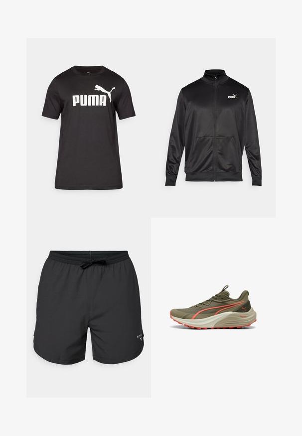 Černá bunda na zip vyrobená z hladké, lesklé látky. Má vysoký límec, dvě přední kapsy a bílé logo Puma na levé straně hrudi.; Černé bavlněné tričko s bílým logem "PUMA" a grafikou skákajícího pumy na hrudi. Krátké rukávy a kulatý výstřih.; Černé plavkové šortky s elastickým pasem a stahovací šňůrkou. Lehce látka s bočními kapsami. Obsahuje malé logo na lemu.; Olivově zelená běžecká obuv s texturovaným svrškem, korálovými akcenty a silnou bílou mezipodešví. Obsahuje odolnou gumovou podrážku pro trakci.