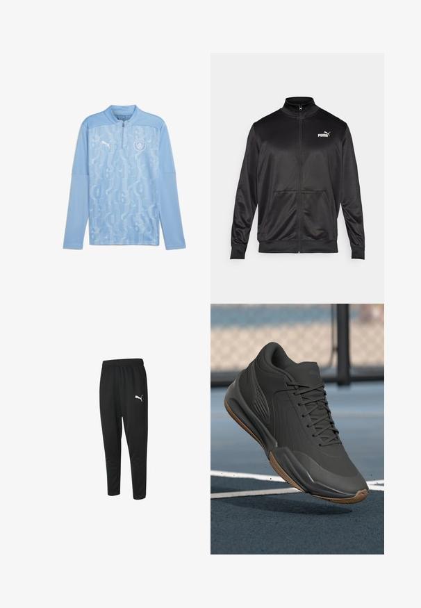 Juodas zip-up švarkas, pagamintas iš lygaus, blizgaus audinio. Turintis aukštą apykaklę, dvi priekinės kišenes ir baltą Puma logotipą kairiajame krūtinės kampe.; Šviesiai mėlynas sportinis megztinis su ketvirčio užtrauktuku, turintis subtilų skaitmeninį raštą ir Mančesterio „City“ logotipą ant krūtinės.; Juoda sportinė kelnė iš lygaus audinio, su raišteliu juosmenyje, siaurėjančiomis kojomis ir mažuoju baltu Puma logotipu kairėje pusėje.; Juodas sportinis batelis su lygiu sintetine viršutine dalimi, tekstūruotais akcentais ir guma padanga, skirtas našumui ir komfortui.