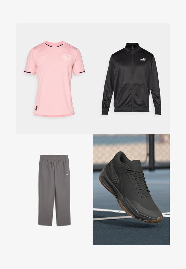 Black zip-up jacket made of smooth, shiny fabric. Features a high collar, two front pockets, and a white Puma logo on the left chest.; Light pink short-sleeve sports jersey made of breathable fabric, features black trim at sleeves, and logo accents on the chest.; Gray athletic pants with an elastic waistband, made of lightweight fabric. Features a small white logo on the left leg.; Black athletic shoe with a smooth synthetic upper, textured accents, and a gum rubber sole, designed for performance and comfort.