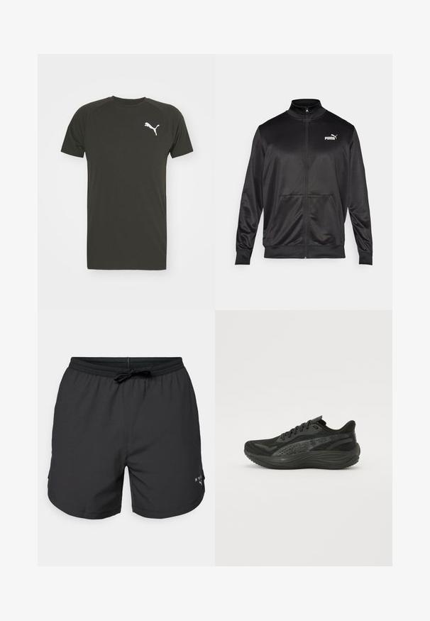 Melnā ar rāvējslēdzēju aizdaram veste, izgatavota no gludas, spīdīgas auduma. Tam ir augsta apkakle, divas priekšējās kabatas un balts Puma logotips kreisajā krūtī.; Tumši zaļš sporta krekls, izgatavots no mīkstas, elpojošas auduma. Iespējas īsas piedurknes un balta Puma emblēma kreisajā krūtī.; Melnas peldbikses ar elastīgu jostasvietu un auklu. Vieglas audums ar sānu kabatām. Satur mazu logo uz apakšmalas.; Melna sporta kurpe ar teksturētu acu augšdaļu, plakanām auklām un mīkstu zolīti, kurai ir smalkas atstarojošās akcenti.