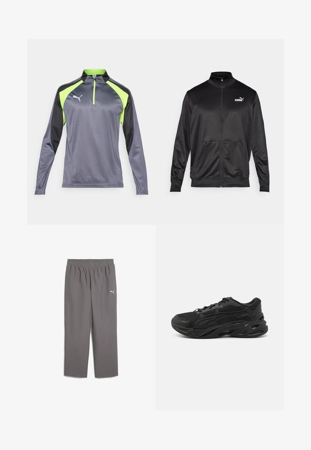 Čierna zipsová bunda vyrobená z hladkej, lesklej textílie. Má vysoký golier, dve predné vrecká a biele logo Puma na ľavej hrudi.; Šedá dlhá rukávová performance košeľa s čiernymi a jasne zelenými akcentmi, polozipsovým golierom a reflexným logom na ľavej hrudi.; Sivé športové nohavice s elastickým pásom, vyrobené z ľahkej textílie. Na ľavom stehne sa nachádza malé bílé logo.; Čierne športové topánky z plyšového a syntetického materiálu, so štruktúrovaným dizajnom, zaoblenou špičkou, hrubou podrážkou a výrazným logom značky.