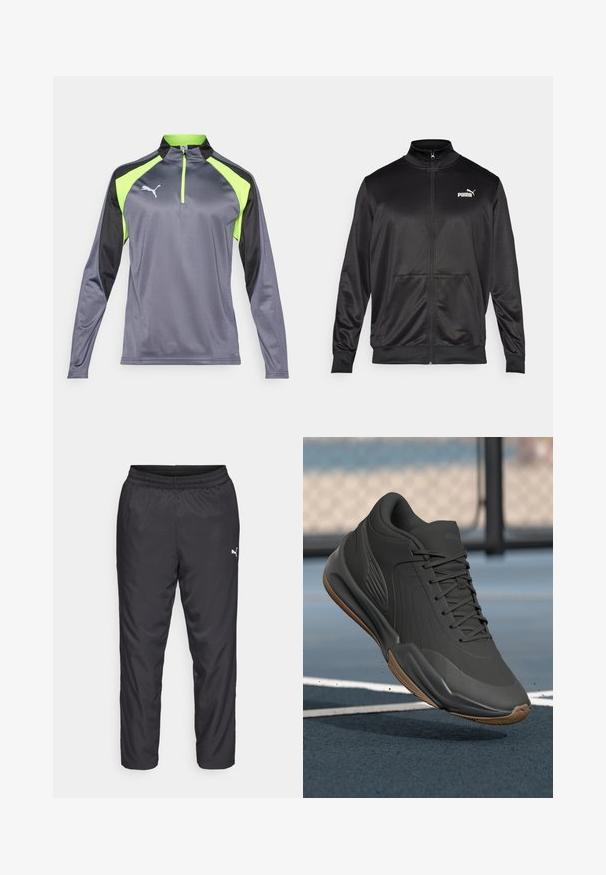 Fekete, sima, fényes anyagból készült, cipzáros dzseki. Magas gallérral, két elülső zsebbel és fehér Puma logóval rendelkezik a bal mellrészen.; Szürke, hosszú ujjú teljesítménypóló fekete és élénk zöld részletekkel, fél cipzáros dekoltázzsal és fényvisszaverő logóval a bal mellen.; Fekete sportos nadrág sima, könnyű anyagból. Rugalmas derékkal rendelkezik, és a bal oldalon egy kis fehér logó található.; Fekete sportcipő sima szintetikus felsőrésszel, mintás díszítésekkel és gumi talppal, melyet teljesítményre és kényelemre terveztek.