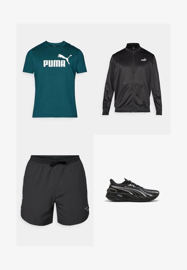 Mustat vetoketjulliset takit, jotka on valmistettu sileästä, kiiltävästä kankaasta. Ominaisuuksiin kuuluvat korkea kaulus, kaksi etutaskua ja valkoinen Puma-logo vasemmassa rinnassa.; Tee-paita, jossa on turkoosi väri ja pyöreä kaula-aukko, sisältäen suuret valkoiset "PUMA"-logon ja hyppivän pumagrafiikan valkoisena. Lyhyet hihat ja standardi istuvuus.; Mustat uimalahkeet, joissa on joustava vyötärönauha ja naru. Kevyt kangas, jossa on sivutaskut. Hieman logo helman kohdalla.; Musta juoksukenkä, joka on valmistettu GORE-TEX-materiaalista. Kenkässä on tekstuurinen päällinen, kaareva pohja ja heijastavat hopeiset yksityiskohdat.