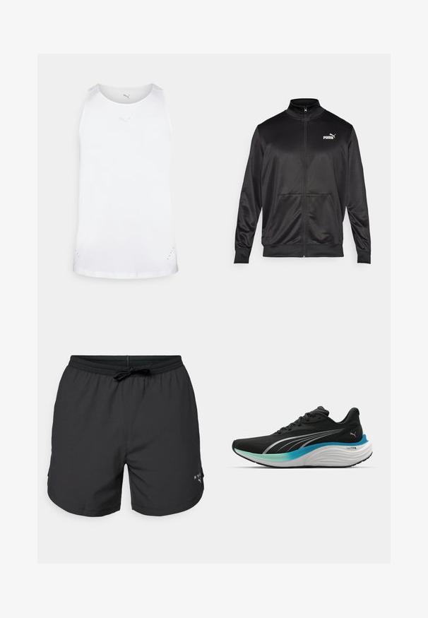 Chaqueta negra con cremallera hecha de un tejido liso y brillante. Presenta un cuello alto, dos bolsillos frontales y un logo blanco de Puma en el lado izquierdo del pecho.; Camiseta atlética blanca sin mangas con cuello redondeado, diseño sin mangas y un sutil logo impreso en el pecho. Presenta pequeños agujeros de ventilación en los laterales.; Bañador negro con cintura elástica y cordón. Tela ligera con bolsillos laterales. Presenta un pequeño logo en el dobladillo.; Zapatilla deportiva negra con parte superior transpirable, acentos plateados y una plantilla acolchada con un diseño degradado en azul-verde.