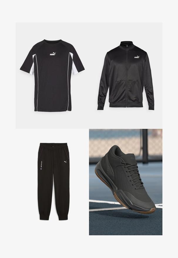 Melnā ar rāvējslēdzēju aizdaram veste, izgatavota no gludas, spīdīgas auduma. Tam ir augsta apkakle, divas priekšējās kabatas un balts Puma logotips kreisajā krūtī.; Melna sporta T-krekls ar īsām piedurknēm, ar baltām akcentiem un logotipu. Izgatavots no viegla, elpojoša auduma.; Melnie sporta bikses ar elastīgu jostasviedi, ar divām sānu kabatām, violetiem akcentiem un logotipiem BMW Motorsport un Puma.; Melna sporta apava ar gludu sintētisku virsu, teksturētām akcentiem un gumijas zoli, kas izstrādāta veiktspējai un komfortam.
