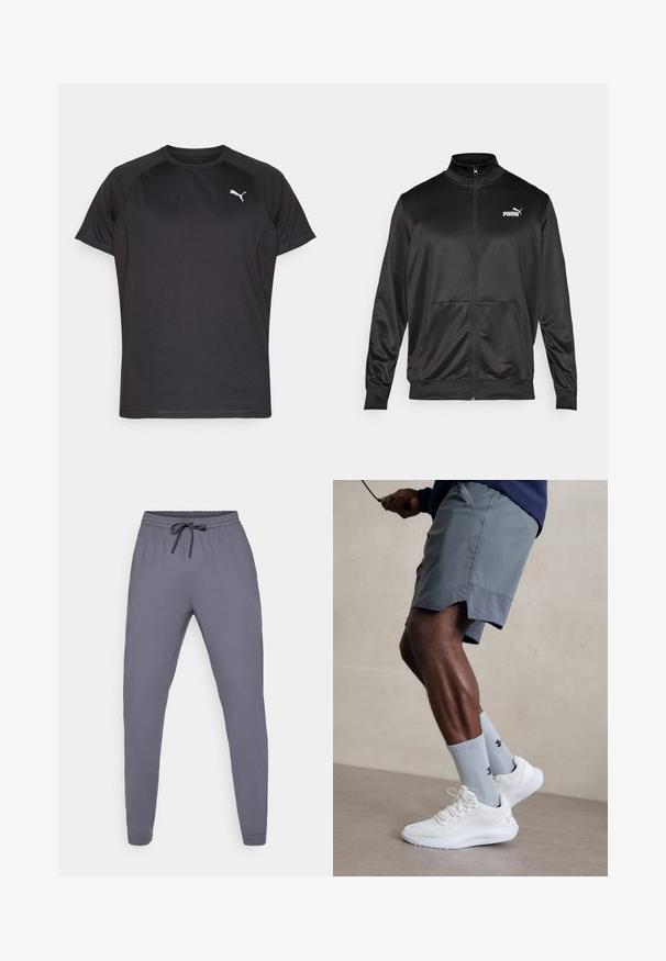 Svart zip-up jakke laget av glatt, skinnende stoff. Har høy krage, to frontlommer og en hvit Puma-logo på venstre bryst.; Svarte treningstrøyer laget av glatt, pustende stoff. Har korte ermer og en subtil hvit Puma-logo på brystet.; Grå treningsbukser med elastisk midjebånd og snor. Jevnt stoff, innskrenket ben-design, med en liten logo på siden.; Hvite treningssko med teksturert mesh-overdel, kombinert med lyseblå ribbestrikkede sokker med logo. Grå treningsshorts med perforert kant.