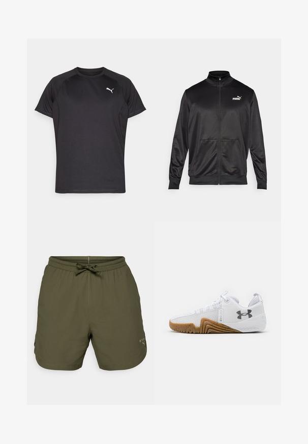Black zip-up jacket made of smooth, shiny fabric. Features a high collar, two front pockets, and a white Puma logo on the left chest.; Black athletic t-shirt made from smooth, breathable fabric. Features short sleeves and a subtle white Puma logo on the chest.; Olive green athletic shorts made of lightweight fabric, featuring an elastic waist with a drawstring and a small logo detail on the side.; White athletic shoes featuring a mesh upper, rubber outsole with a gum color, textured accents, and a black logo on the side.