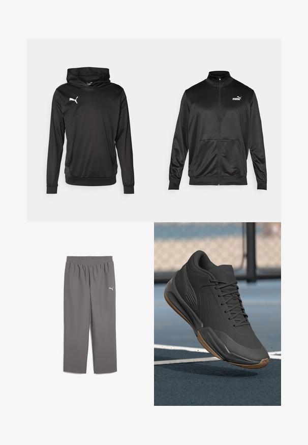 Zwarte jas met rits, gemaakt van een gladde, glanzende stof. Heeft een hoge kraag, twee voorzakken en een wit Puma-logo op de linkerborst.; Zwarte hoodie gemaakt van gladde stof, met lange mouwen, een kangoeroezak en een wit logo op de borst.; Grijze sportbroek met een elastische tailleband, gemaakt van lichtgewicht stof. Kenmerkt zich door een klein wit logo op het linkerpant.; Zwarte sportieve schoen met een glad synthetisch bovenwerk, gestructureerde accenten en een gumrubberen zool, ontworpen voor prestaties en comfort.