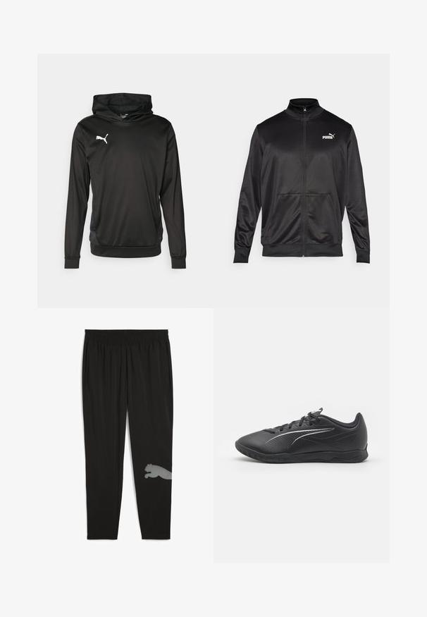 Fekete, sima, fényes anyagból készült, cipzáros dzseki. Magas gallérral, két elülső zsebbel és fehér Puma logóval rendelkezik a bal mellrészen.; Fekete kapucnis pulóver sima anyagból, hosszú ujjakkal, kenguruzsebbe és egy fehér logóval a mellkasán.; Fekete sportos nadrág könnyű anyagból. Rugalmas derékpánttal, oldalsó zsebekkel és a lábszáron visszaverődő puma mintával rendelkezik.; Fekete sportcipők textúrált felsőrésszel, sima szintetikus panelekkel, fűzős zárással és strapabíró gumitalppal. Finom fehér részletekkel rendelkezik.