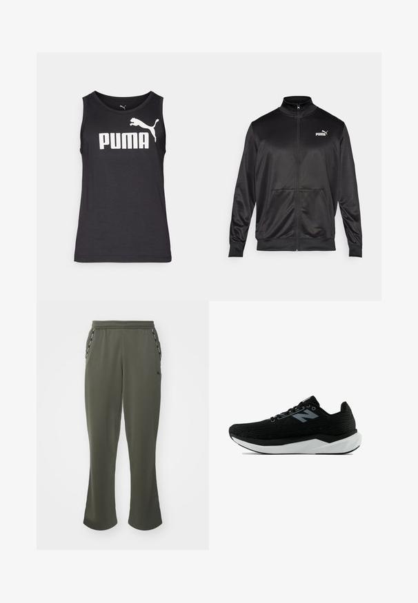 Juodas zip-up švarkas, pagamintas iš lygaus, blizgaus audinio. Turintis aukštą apykaklę, dvi priekinės kišenes ir baltą Puma logotipą kairiajame krūtinės kampe.; Juodas be rankovių marškinėlis, pagamintas iš minkštos medžiagos, su dideliu baltu "PUMA" logotipu ir šuoliuojančiu puma grafiką priekyje.; Alyvuogių spalvos sportiniai keliai su laisvu pjūvio, elastine juosta, šoninėmis kišenėmis ir kontrastingomis juodomis akcentais aplink kišenes. Minkšta audinio tekstūra.; Juoda sportinė avalynė su raštuotu tinkleliu viršuje, baltu viduriniu padais ir juodu išoriniu padais. Turi juodas batus raištelius ir subtilų šviesiai pilką logotipą.