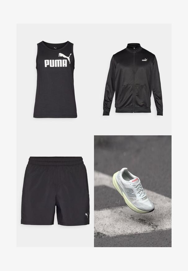 Juodas zip-up švarkas, pagamintas iš lygaus, blizgaus audinio. Turintis aukštą apykaklę, dvi priekinės kišenes ir baltą Puma logotipą kairiajame krūtinės kampe.; Juodas be rankovių marškinėlis, pagamintas iš minkštos medžiagos, su dideliu baltu "PUMA" logotipu ir šuoliuojančiu puma grafiką priekyje.; Juodos sportinės šortai su elastinga juosta, pagaminti iš lengvos medžiagos, su mažu baltu logotipu apatinėje pusėje.; Lengvi bėgimo bateliai su balta tinkline viršutinės dalies medžiaga, geltonu vidpadžiu ir pilkais akcentais. Sukurti su išsiskiriančiu „N“ logotipu ir tekstūruota paviršiumi.