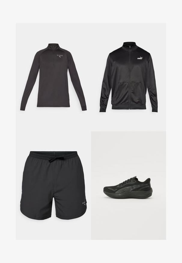 Juodas zip-up švarkas, pagamintas iš lygaus, blizgaus audinio. Turintis aukštą apykaklę, dvi priekinės kišenes ir baltą Puma logotipą kairiajame krūtinės kampe.; Juodas ilgomis rankovėmis puloveris su ketvirčio užtrauktuku, pagamintas iš lygaus audinio. Kairėje krūtinės pusėje yra baltas logotipas.; Juodos maudymosi šortai su elastinga juostele ir virvele. Lengva medžiaga su šoninėmis kišenėmis. Krajose yra mažas logotipas.; Juodos sportinės bateliai su tekstūruotu mezginiu, plokščiomis raištelėmis ir paminkštintu padu, turinčiu subtilius atspindinčius akcentus.