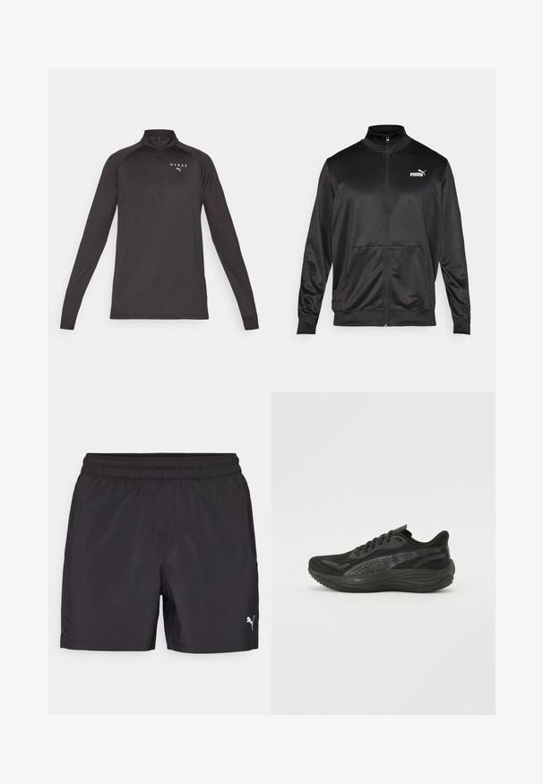 Giacca nera con zip realizzata in tessuto liscio e lucido. Presenta un colletto alto, due tasche frontali e un logo Puma bianco sul lato sinistro del petto.; Maglione nero a maniche lunghe con zip a un quarto, realizzato in un tessuto liscio. Presenta un logo bianco sulla parte sinistra del petto.; Shorts sportivi neri con elastico in vita, realizzati in materiale leggero, con un piccolo logo bianco sul lato inferiore.; Scarpa sportiva nera con tomaia in mesh testurizzato, lacci piatti e suola ammortizzata con sottili dettagli riflettenti.