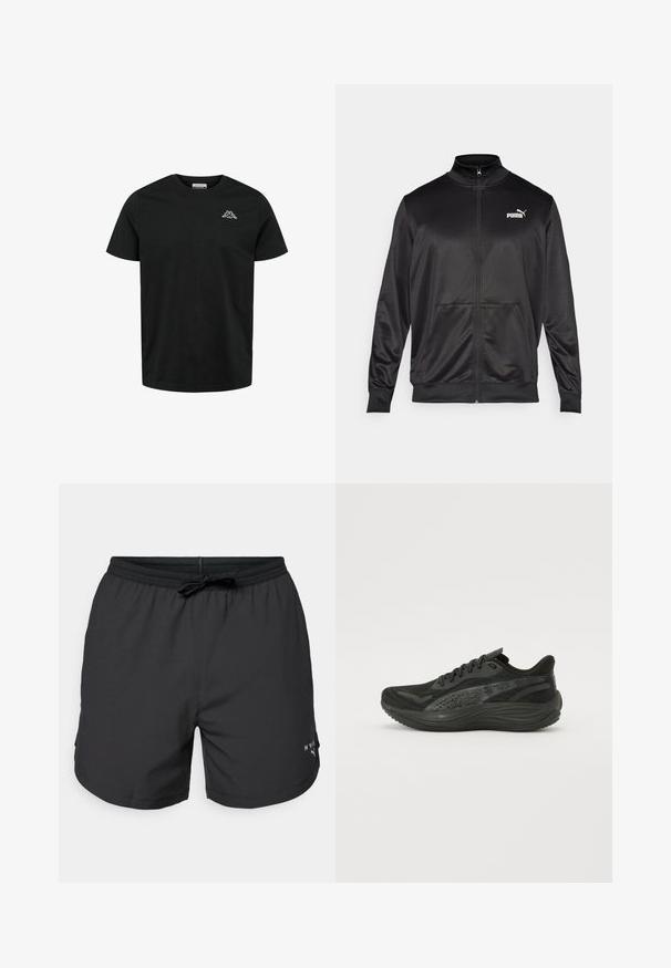 Svart zip-up jakke laget av glatt, skinnende stoff. Har høy krage, to frontlommer og en hvit Puma-logo på venstre bryst.; Kappa CAFERS - T-shirts - black; Sorte svømmebukser med elastisk talje og snor. Letvægtsstof med sidelommer. Har et lille logo på kanten.; Svart idrettssko med en teksturert mesh-overdel, flate lisser og en polstret såle med subtile reflekterende detaljer.