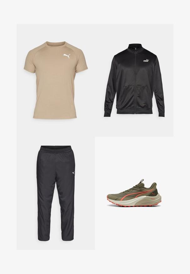 Chaqueta negra con cremallera hecha de un tejido liso y brillante. Presenta un cuello alto, dos bolsillos frontales y un logo blanco de Puma en el lado izquierdo del pecho.; Puma Camiseta deportiva - oak branch; Pantalones deportivos negros hechos de un material liso y ligero. Presenta una cintura elástica y un pequeño logo blanco en el lado izquierdo.; Zapatilla de running en verde oliva con un upper texturizado, acentos en coral y una gruesa entresuela blanca. Cuenta con una suela exterior de goma duradera para mayor tracción.