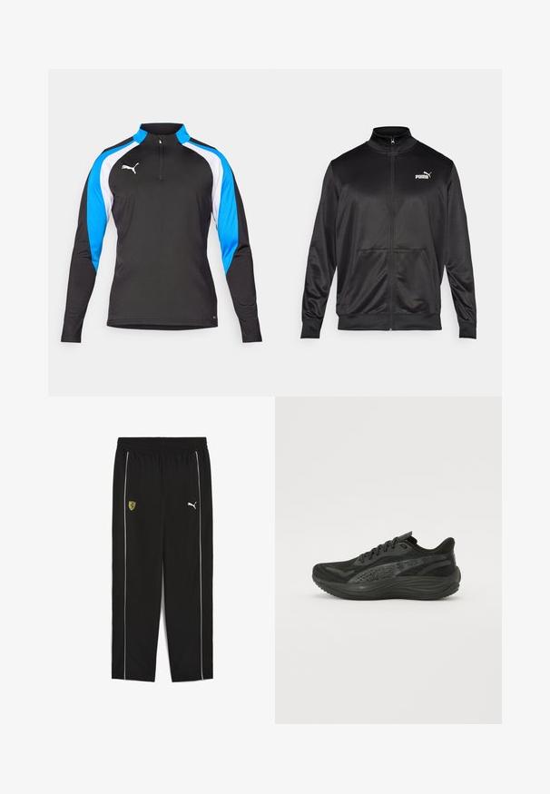 Fekete, sima, fényes anyagból készült, cipzáros dzseki. Magas gallérral, két elülső zsebbel és fehér Puma logóval rendelkezik a bal mellrészen.; Fekete sporting, hosszú ujjakkal, félig cipzáros gallérral, kék és fehér díszítőelemekkel, valamint egy kis fehér logóval a mellrészen. Simára szőtt anyag.; Fekete sportnadrág, elasztikus derékpánttal, sárga Ferrari logóval és fehér oldalsávokkal. Könnyű anyagból készült.; Fekete sportcipő, texturált hálós felsőrésszel, lapos fűzőkkel és párnázott talppal, finom fényvisszaverő részletekkel.