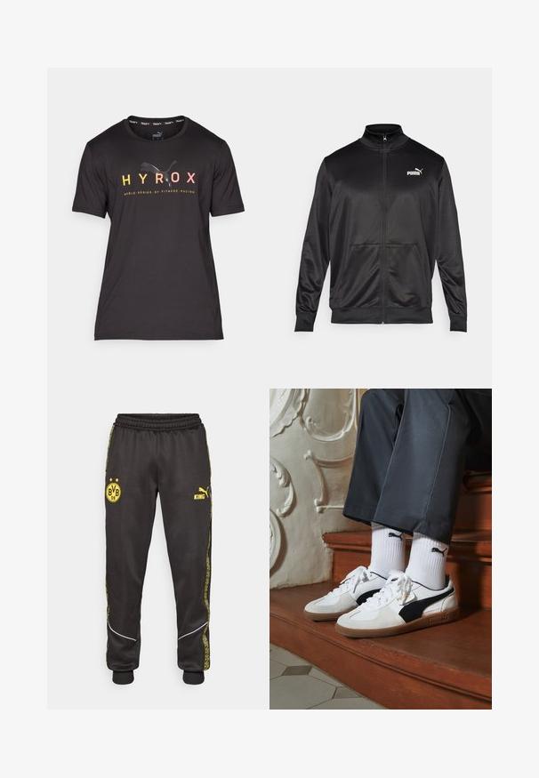 Sort zip-jakke lavet af glat, skinnende stof. Har en høj krave, to forlommer og et hvidt Puma-logo på venstre bryst.; Puma HYROX ALWAYS ON CLOUDSPUN TEE - Sports T-shirts - black; Sorte træningsbukser med gule Borussia Dortmund BVB 09 og Puma King logoer, elastisk talje, og mønstrede gule side-striber.; Puma sneakers i hvid og sort ruskind med en brun gummisål. Bæres med hvide sokker med et sort logo og mørke bukser.