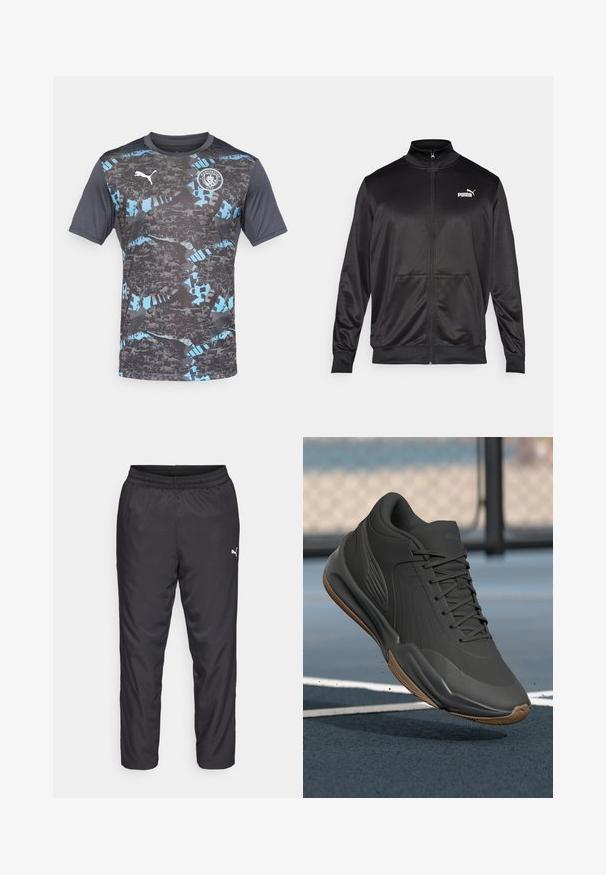 Fekete, sima, fényes anyagból készült, cipzáros dzseki. Magas gallérral, két elülső zsebbel és fehér Puma logóval rendelkezik a bal mellrészen.; Szürke, rövid ujjú mez fekete és kék absztrakt mintákkal, a mellkason Puma logóval és Manchester City emblémával.; Fekete sportos nadrág sima, könnyű anyagból. Rugalmas derékkal rendelkezik, és a bal oldalon egy kis fehér logó található.; Fekete sportcipő sima szintetikus felsőrésszel, mintás díszítésekkel és gumi talppal, melyet teljesítményre és kényelemre terveztek.