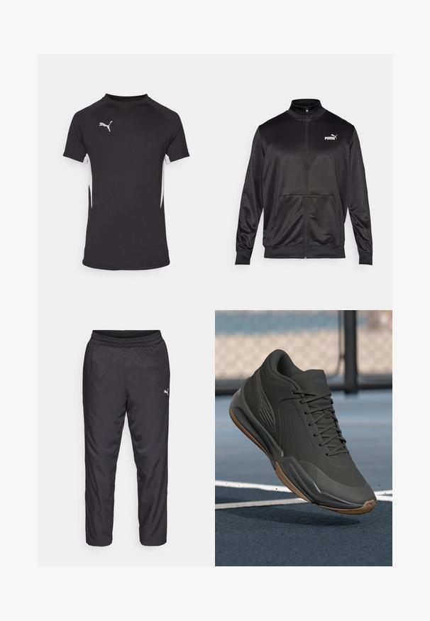Black zip-up jacket made of smooth, shiny fabric. Features a high collar, two front pockets, and a white Puma logo on the left chest.; Black short-sleeve athletic shirt featuring white side accents and a silver logo. Made of lightweight, smooth fabric with a crew neck design.; Black athletic pants made of smooth, lightweight material. Features an elastic waistband and a small white logo on the left side.; Black athletic shoe with a smooth synthetic upper, textured accents, and a gum rubber sole, designed for performance and comfort.