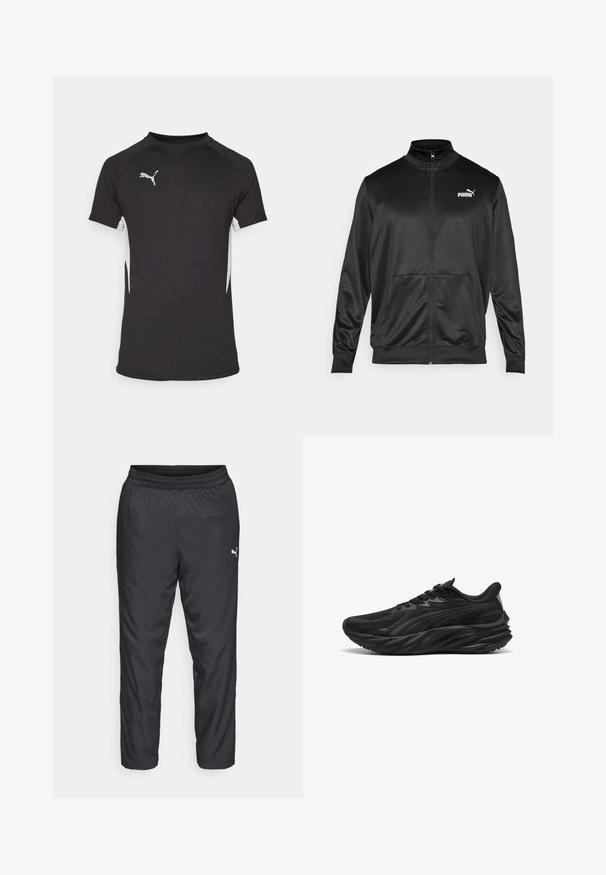 Crna jakna na zip od glatkog, sjajnog materijala. Ima visoki ovratnik, dva prednja džepa i bijeli Puma logo na lijevoj strani grudnog koša.; Crna kratka sportska majica s bijelim bočnim akcentima i srebrnim logom. Izrađena od lagane, glatke tkanine s dizajnom okruglog izreza.; Crne atletske hlače izrađene od glatkog, laganog materijala. Imaju elastičnu struk i mali bijeli logo s lijeve strane.; Crni sportski cipela s teksturiranim gornjim dijelom, zakrivljenom potplatom i ojačanim petom. Ima vezice i suptilan dizajnerski element sa strane.