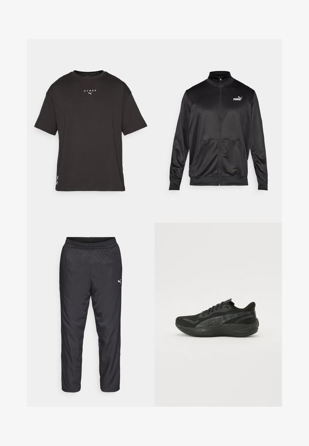 Černá bunda na zip vyrobená z hladké, lesklé látky. Má vysoký límec, dvě přední kapsy a bílé logo Puma na levé straně hrudi.; Černé tričko s krátkým rukávem a kulatým výstřihem, na přední straně s bílým nápisem "HYROX" a logem, hladká textura a standardní střih.; Černé sportovní kalhoty vyrobené z hladkého, lehkého materiálu. Mají elastický pas a malé bílé logo na levé straně.; Černá sportovní obuv s texturovaným síťovaným svrškem, plochými tkaničkami a polstrovanou podešví s decentními reflexními prvky.