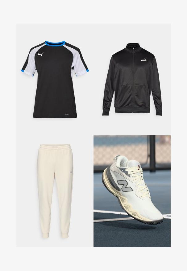 Casaco preto com fecho éclair, feito de um tecido liso e brilhante. Apresenta um colarinho alto, dois bolsos frontais e um logótipo branco da Puma no lado esquerdo do peito.; Camiseta atlética preta com mangas curtas em malha branca, detalhes azuis na gola e nas mangas, apresentando um logótipo branco e o texto "DRYCELL" na bainha.; Calças de sweat com cordão em um tom beige claro, apresentando um cós elástico, canelas ajustadas, bolsos laterais e um pequeno logótipo na coxa esquerda.; Shoe atlético branco com superfície texturizada, detalhes em cinza e sola curva distintiva. Apresenta atacadores trançados e um logotipo da marca na lateral.