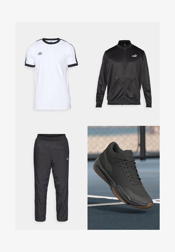 Must läikivast ja siledast kangast must kapuutsiga jakk. Omab kõrget kaelust, kahte esi-taskut ja valget Puma logo vasakul rinnal.; Valge lühikeste varrukatega T-särk mustade krae ja külgpaneelidega. Rinnal on "Umbro" logo. Valmistatud siledast, hingavast kangast.; Mustad mustranahad, mis on valmistatud sileda ja kergest materjalist. Omab elastset vöökohta ja väikest valget logo vasakul küljel.; Mustad mustreejal, millel on sile sünteetiline pealis, tekstuuriga aktsendid ja kummist tallad, loodud soorituse ja mugavuse tagamiseks.