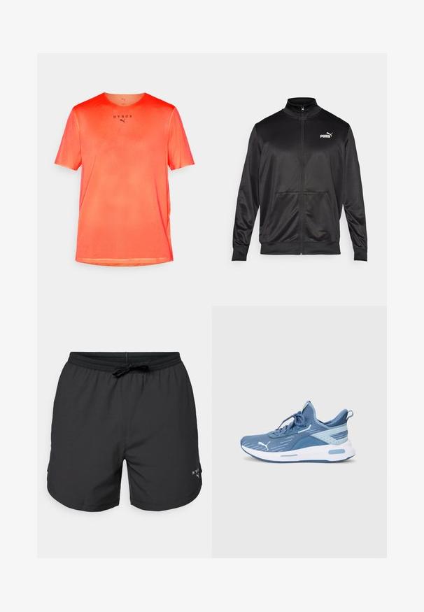 Must läikivast ja siledast kangast must kapuutsiga jakk. Omab kõrget kaelust, kahte esi-taskut ja valget Puma logo vasakul rinnal.; Punane võrgust sportlik T-särk lühikeste varrukatega, ümmargune kaelus ja must "HYROX" kiri ees. Kerge, hingav kangas tekstuurse viimistlusega.; Mustad ujumispüksid elastse vöökoha ja nööriga. Kerged kangad küljetaskutega. Hemis on väike logo.; Sinised spordijalatsid, millel on hingav võrkkangast pealisosa, tekstuuriga mustrid, lame pael ning pehmendatud valge vahekiht. Küljelt helesinised aktsendid.