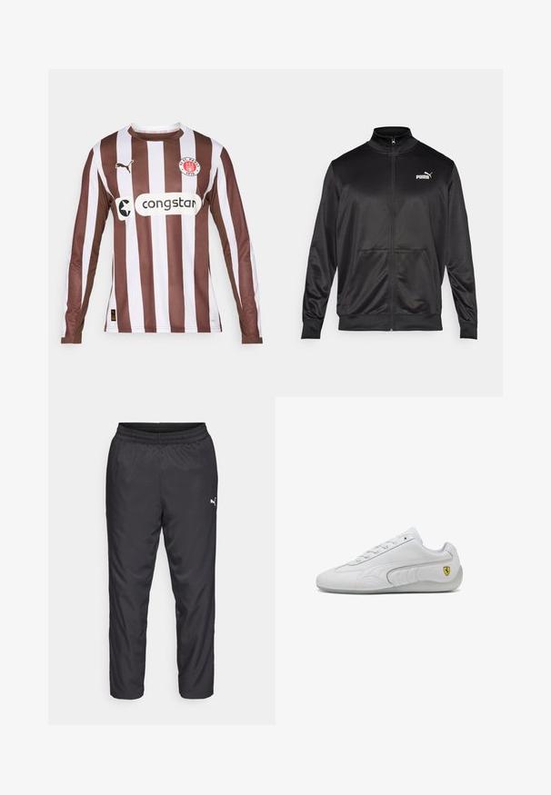 Črna jakna na zadrgo iz gladkega, sijočega materiala. Ima visok ovratnik, dva sprednja žepa in belo Puma logotip na levem prsnem delu.; Dolga majica s črtami v rjavi in beli barvi, izdelana iz dihalnega materiala, ima okroglo ovratnico, logotip Puma in logotip sponzorja "congstar".; Črne športne hlače iz gladkega, lahkega materiala. Imajo elastičen pas in mali bel logotip na levi strani.; Bele športne superge z gladkim usnjenim zgornjim delom, vezalkami in teksturiranimi stranskimi ploščami. Imajo majhen rumen logotip Ferrarija.
