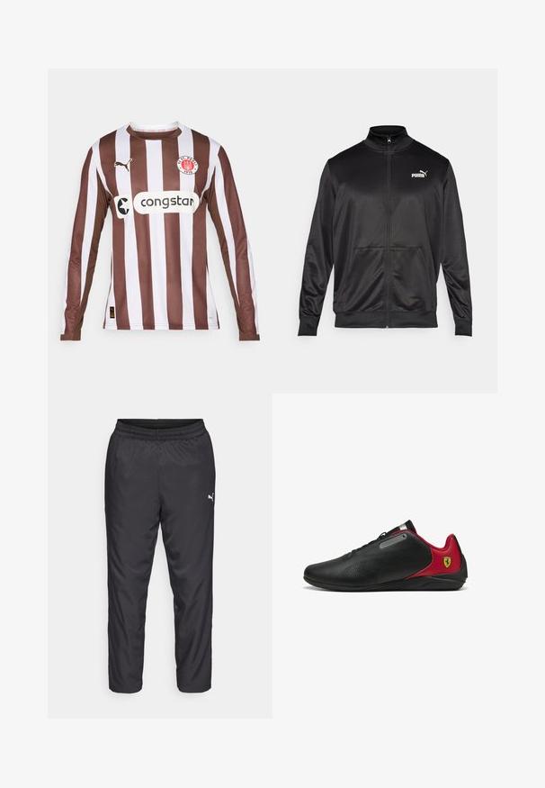 Fekete, sima, fényes anyagból készült, cipzáros dzseki. Magas gallérral, két elülső zsebbel és fehér Puma logóval rendelkezik a bal mellrészen.; Barna és fehér csíkos, hosszú ujjú jersey, lélegző anyagból készült, kerek nyakkal, Puma logóval és "congstar" szponzorlogóval.; Fekete sportos nadrág sima, könnyű anyagból. Rugalmas derékkal rendelkezik, és a bal oldalon egy kis fehér logó található.; Fekete edzőcipők piros kiegészítőkkel, karcsú design, perforált textúrával a felső részen, fém díszítéssel és logóval a sarokrészén.